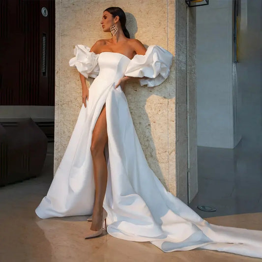 High Slit Satin Couture Wedding Gown with Detachable Sleeves - LUXLIFE BRANDS